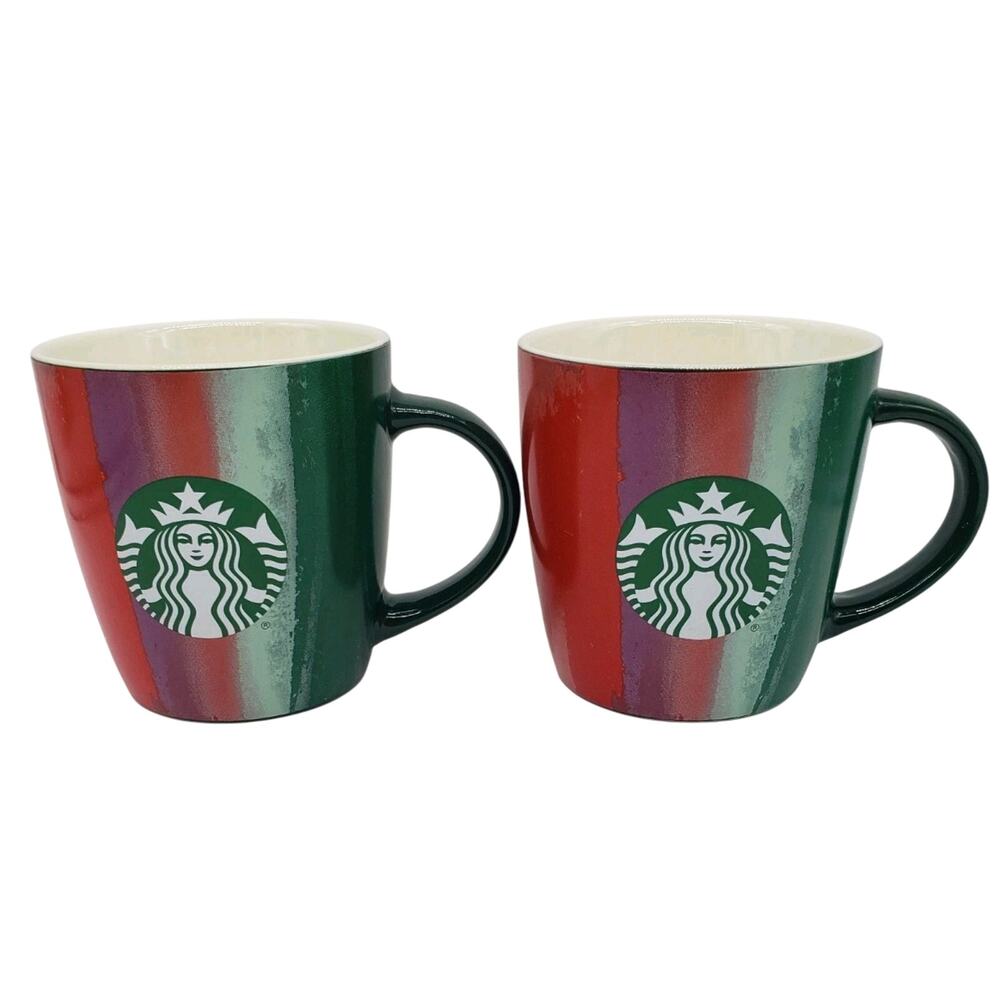 2021 Starbucks Mermaid Coffee Mug Red Green Purple‎ Stripes 12 Oz Lot Of 2. NICE